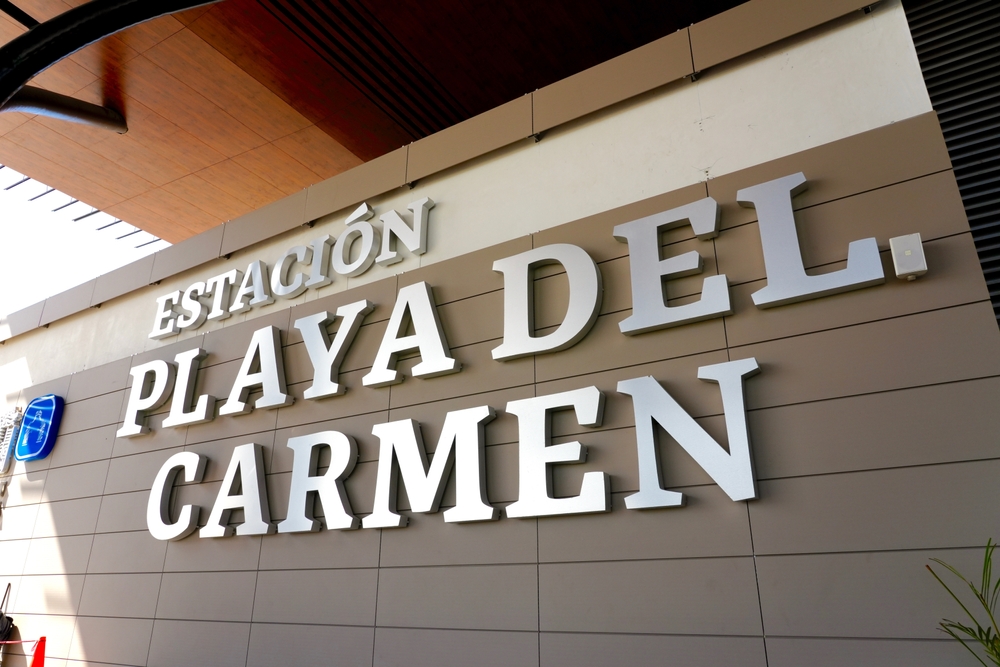 The new Train Maya Playa Del Carmen Station features a massive canopy roof, a glass enclosed water garden and large openings for natural lighting