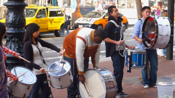 Drum quintet at Market & Powell cable car turntable