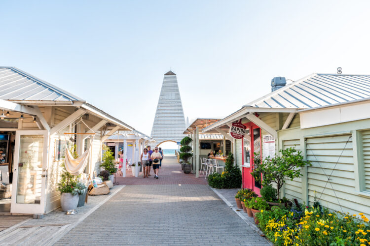 Seaside, USA shopping mall park square center in historic city town beach village