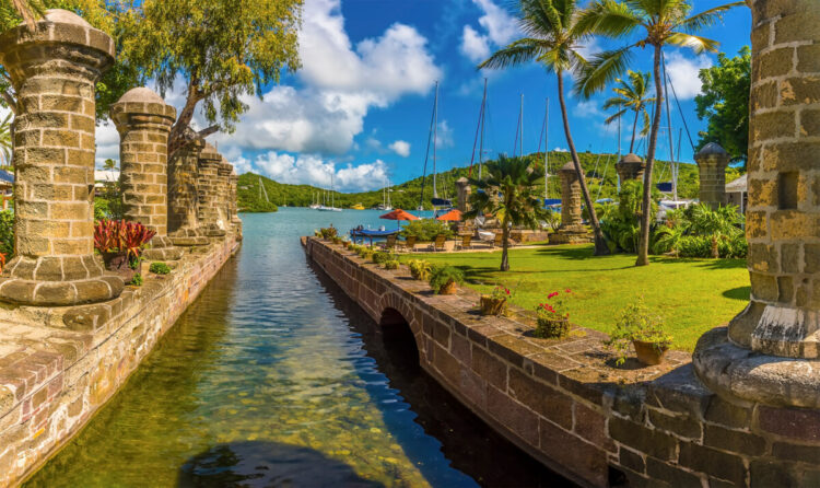 A panorama view across a causeway in the English Harbour in Antigua