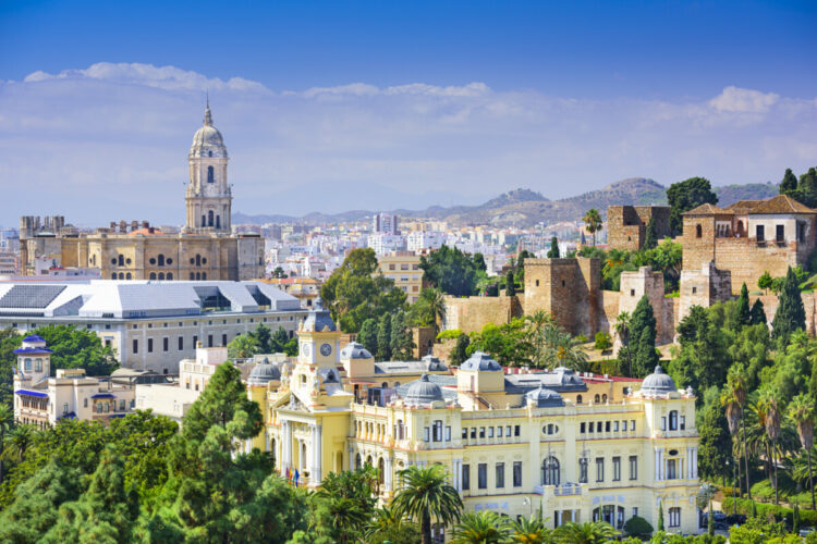 Malaga, Spain with the Cathedral, City Hall and Alcazaba citadel 