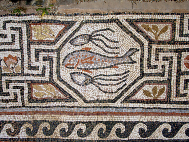 Animal patterned mosaics at the ruins of the Heraklea Lyncestis (Bitola) ancient city in teh Republic of North Macedonia.