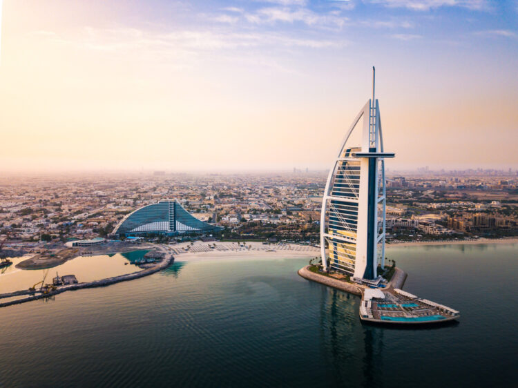Dubai seaside skyline and Burj Al Arab luxury hotel
