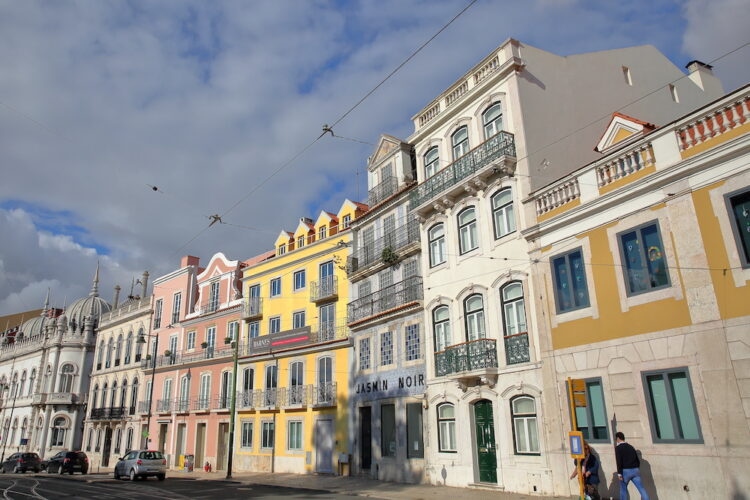 OVEMBER 4, 2017: Colorful facades at Principe Real square in Bairro Alto neighborhood