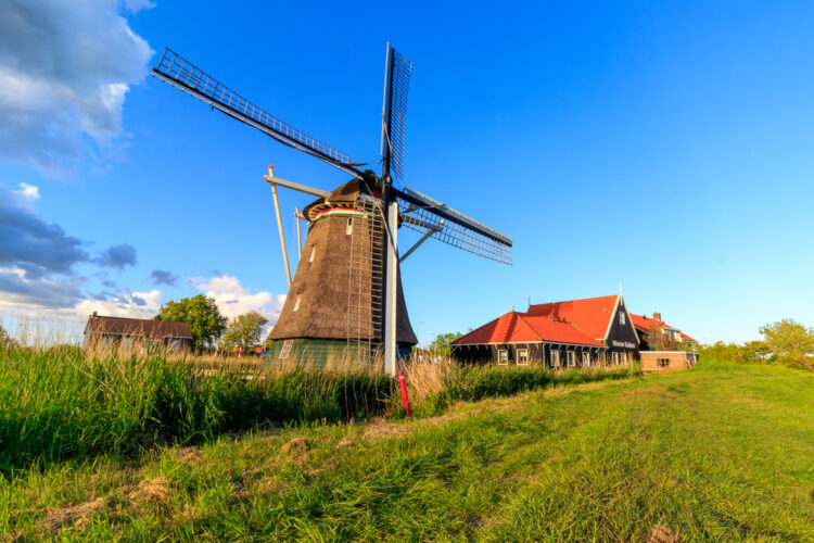 Oterleek (Alkmaar municipality), The Netherlands - May 13 2020: Dutch landscape with old windmill