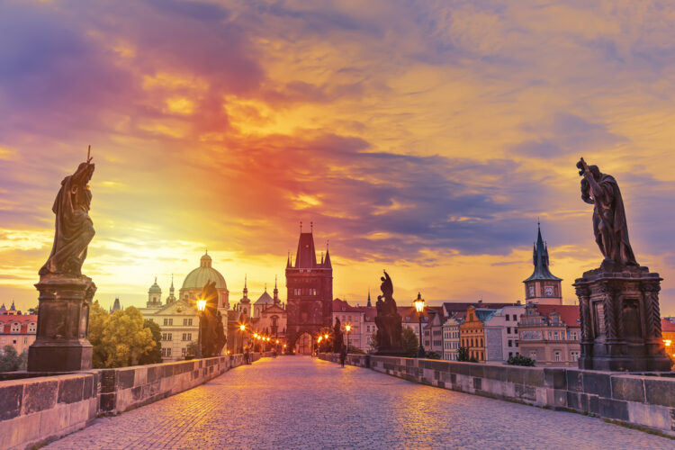 View of Charles Bridge in Prague during sunset, Czech Republic