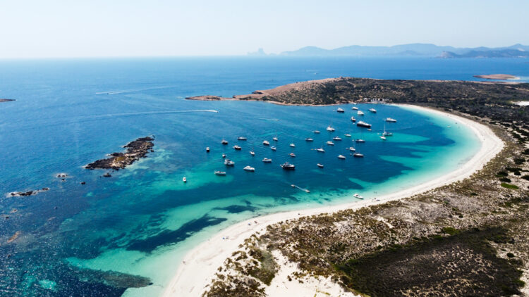 Aerial view of the beaches of Ses Illetes on the island of Formentera in the Balearic Islands, Spain