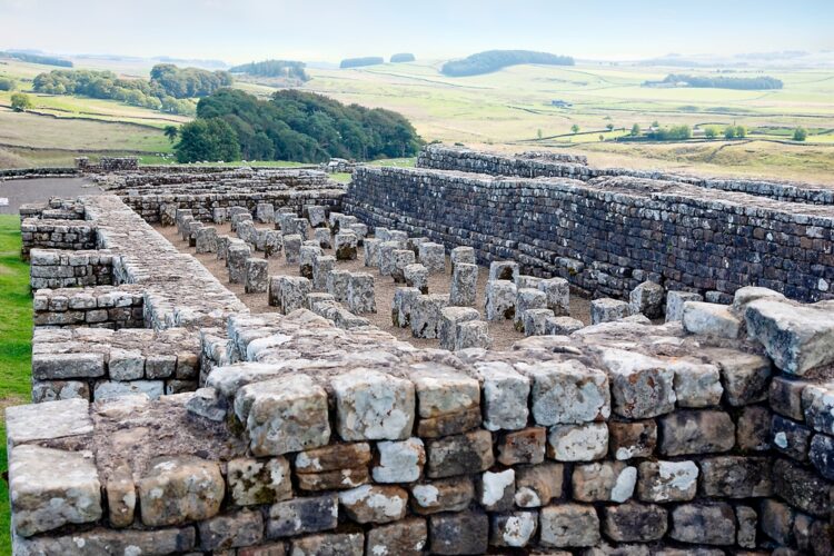 Remnants of a fort along Hadrian's wall along the border of England and Scotland