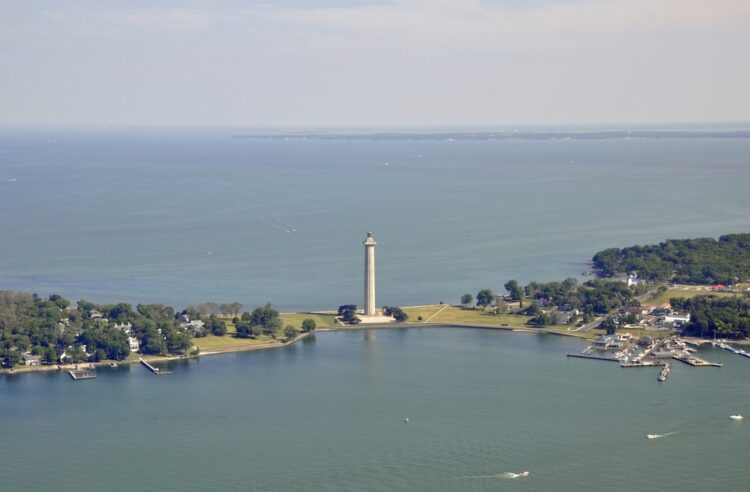 Put in Bay's marina and Perry's Victory & International Peace Memorial, Kelley's Island in the far background;