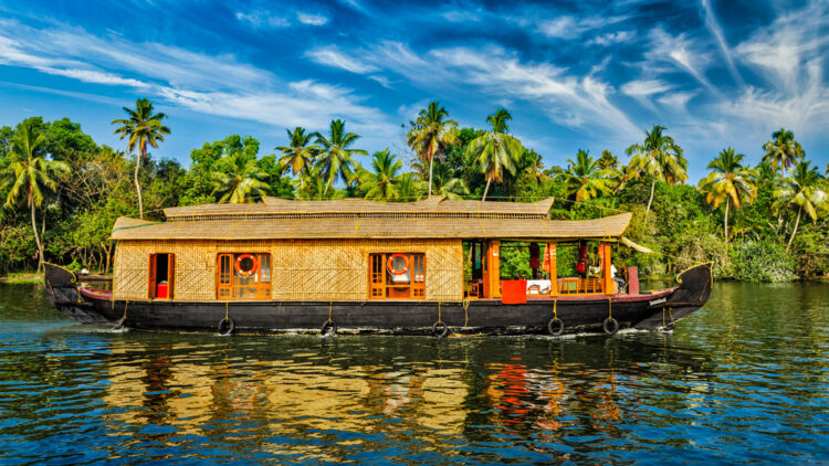 Travel tourism Kerala background - panorama of tourist houseboat on Kerala backwaters