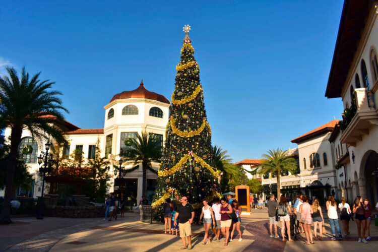 Orlando, Florida. November 20, 2018 Decorated Christmas Tree on open mall background in Lake Buena Vista area