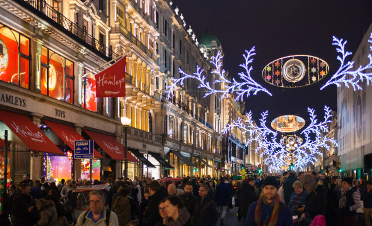 Regent street beautifully decorated with Christmas lights.