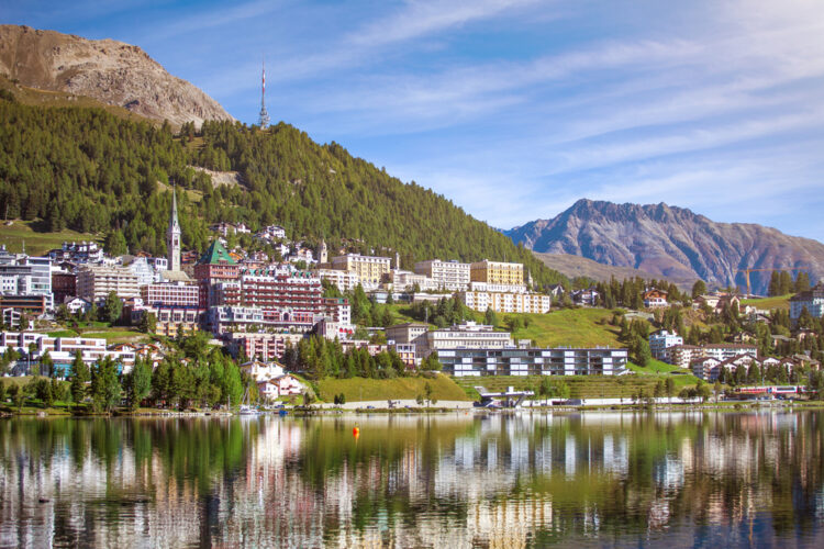 eaceful summer morning in Sankt Moritz (St. Moritz), Swiss Alps