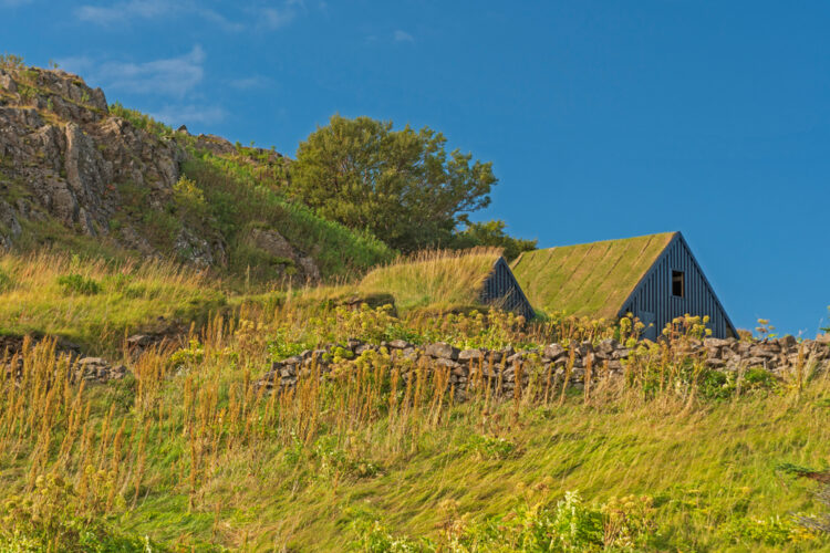 Stone fence and grass roofed huts in Iceland