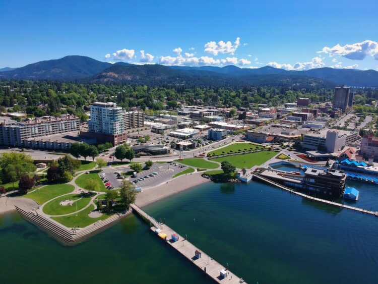 An Aerial View of Coeur d'Alene, Idaho from over Lake Coeur d'Alene