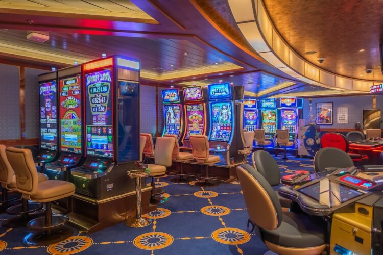 Marseille, France - October 02, 2022:  View of the casino and gaming tables of the cruise ship Costa Smeralda, ship of the company Costa Cruises.