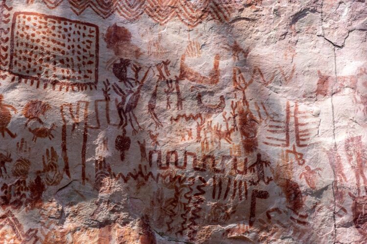 Rock paintings in Cerro Azul in the Chiribiquete National Park, a UNESCO world heritage site and an archeological jewel of Colombia, located in San José del Guaviare in the Serranía de la Lindosa