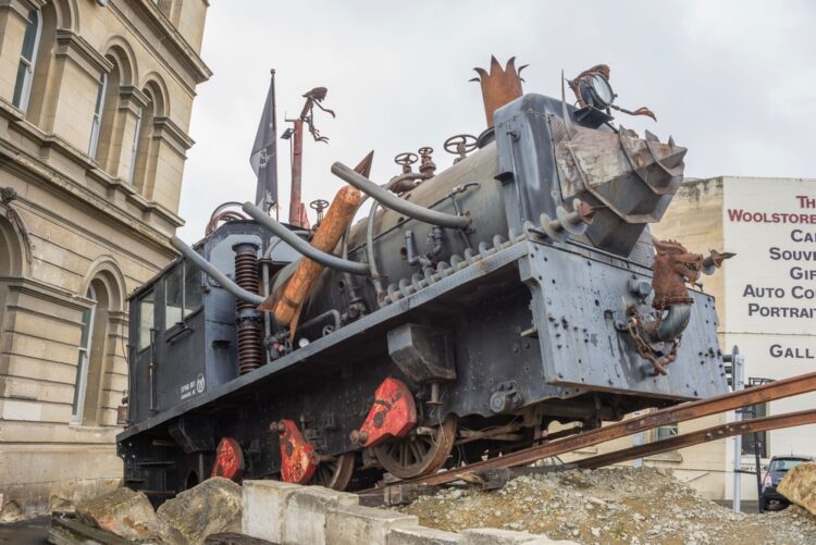 steampunk locomotive at the entrance of the steampunk museum in Oamaru