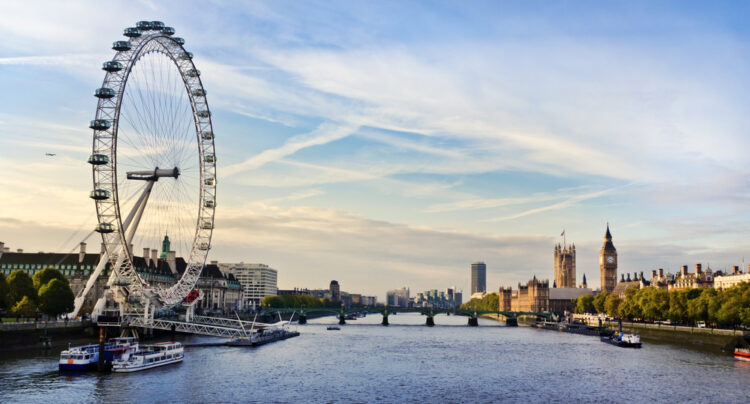 "Panoramic view of the iconic London Eye ferris wheel beside the River Thames with the Houses of Parliament and Big Ben