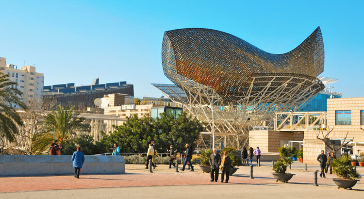 Peix sculpture in Port Olimpic on January 22, 2011 in Barcelona, Spain. The sculpture of a huge fish, designed by famous Frank Ghery, 35 meters high and 54 meters long