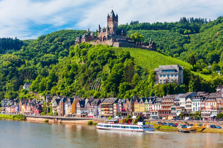Reichsburg Castle aerial panoramic view in Cochem in Moselle valley,
