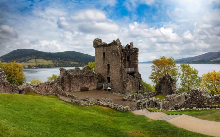 The ruins of the Urquhart Castle at Loch Ness