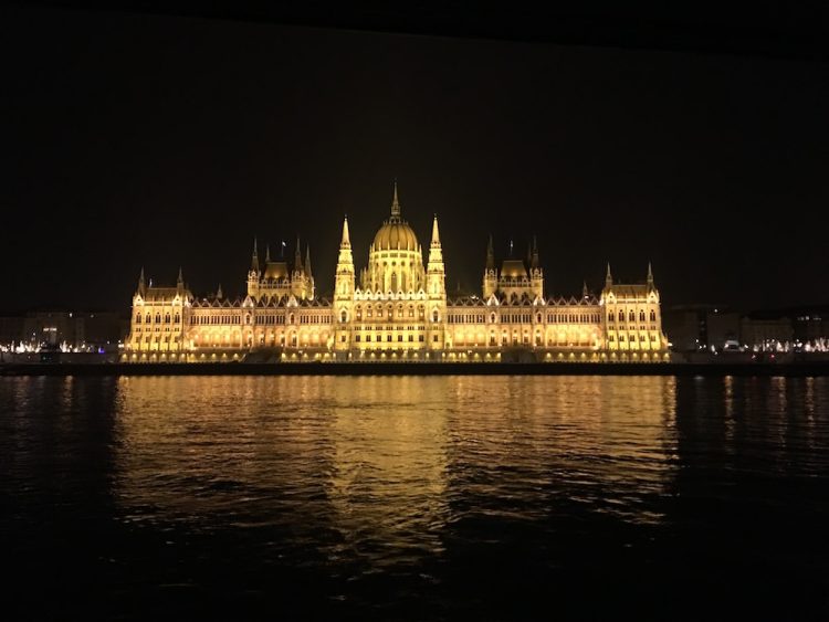Hungarian Parliament Building from the Danube at night