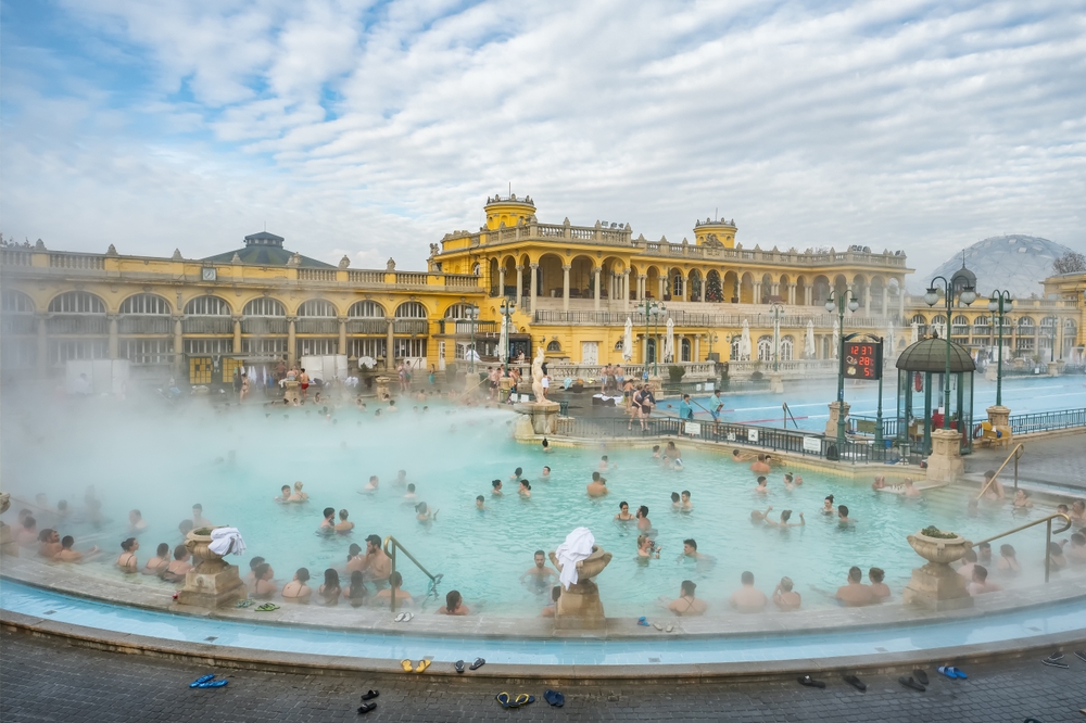 Szechenyi Baths in Budapest in Hungary on cold winter morning.