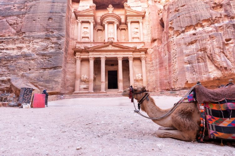 Camel near the Al Khazneh or The Treasury at Petra, Jordan. Petra is one of the New Seven Wonders of the World. UNESCO World Heritage