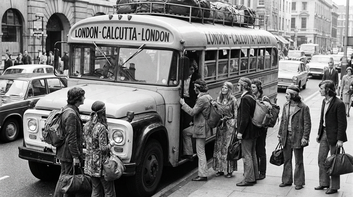 Passengers board a bus to Calcutta in London