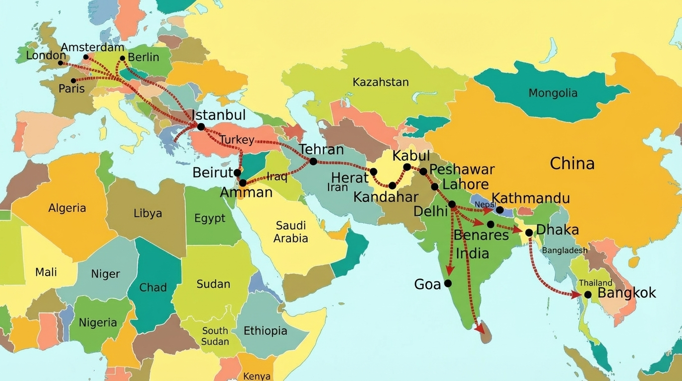 Map of the Routes of the Hippie Trail