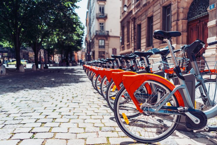 Bicycle sharing system in Lyon, France, with over 3000 bikes and 340 stations