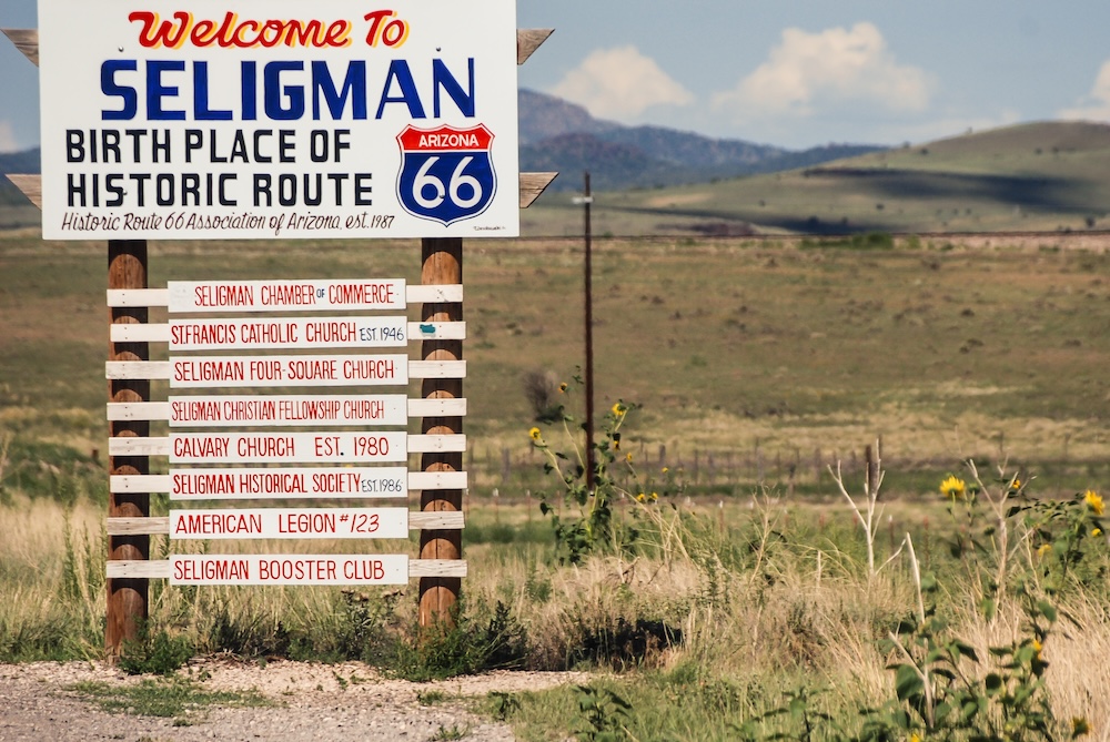 Arizona - USA - 08-10-2010: Seligman welcome sign. Seligman is a census-designated place (CDP) on the northern border of Yavapai County. It was on the original U.S. Route 66 from 1926 through 1978.