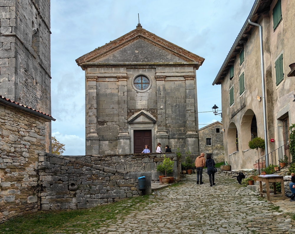 Entrance to the Church of St. Jerome in smallest city in the world Hum, with famous byzantine frescoes