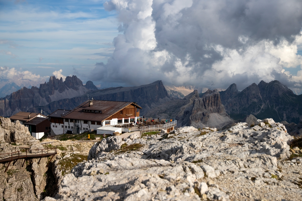 Rifugio Lagazuoi against the background of the Dolomites, near Cortina d'Ampezzo, Italy