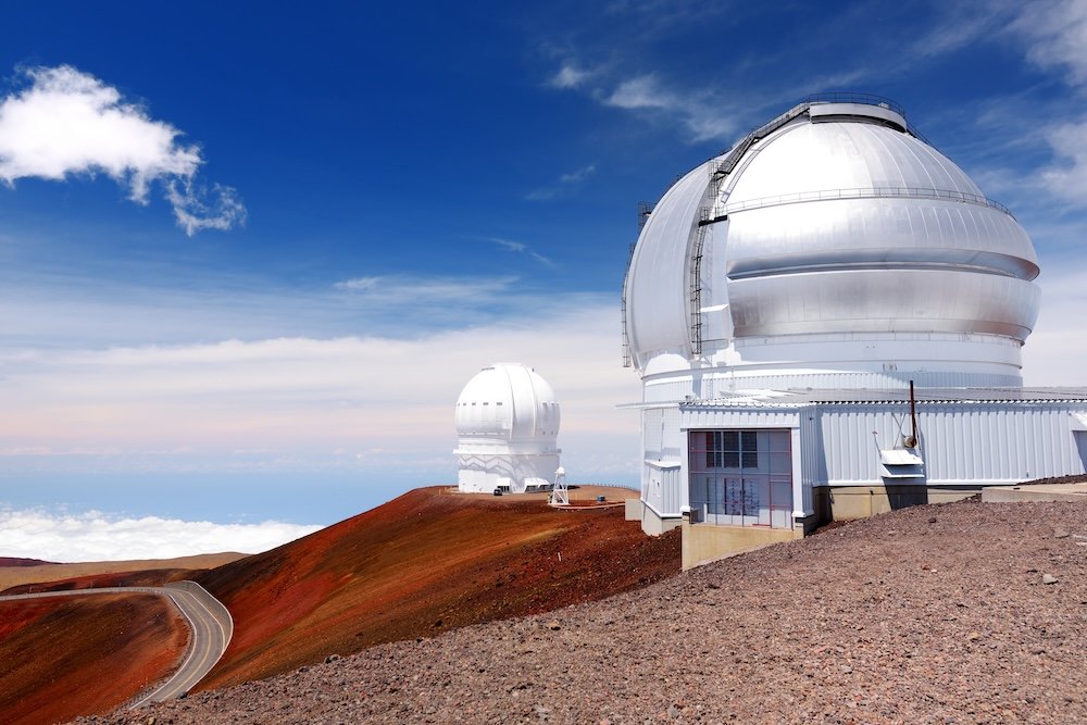Observatories on top of Mauna Kea mountain peak