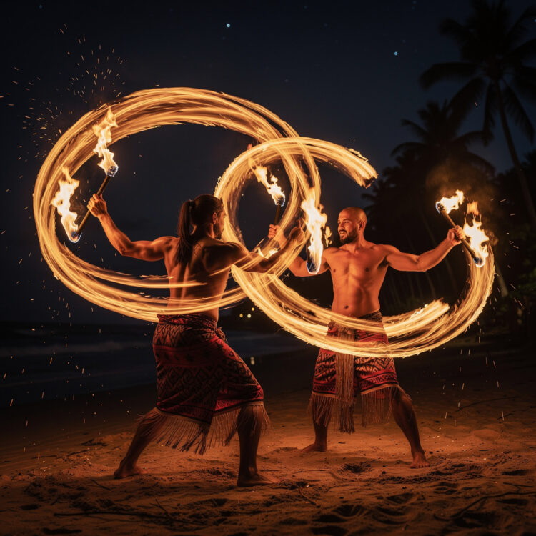 Ahi Lele – Fire, Farm, and the Mountain Two male Ahi Lele fire dancers with the torches leaving trails as the dancers spin their fires working together