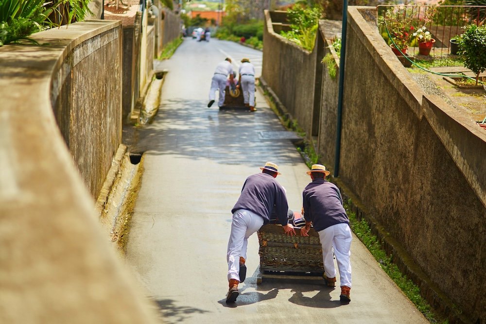 Toboggan carreiros in white linen suits pushing wooden sledge with tourists downhill with high speed