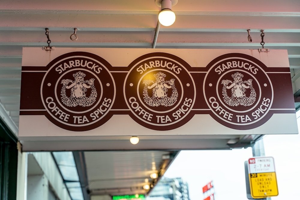 Historic Starbucks Twin-Tailed Siren Logo Sign at Pike Place Market