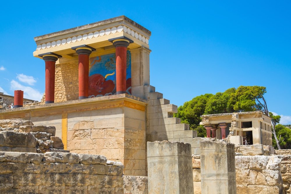 Heraklion. Facade of the Knossos palace with sacred bull fresco.